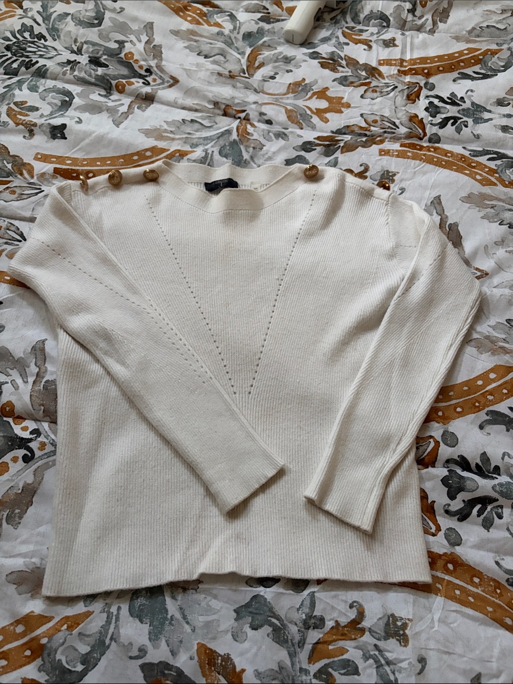 Tahari Cream Crewneck Sweater with Gold Shoulder Buttons